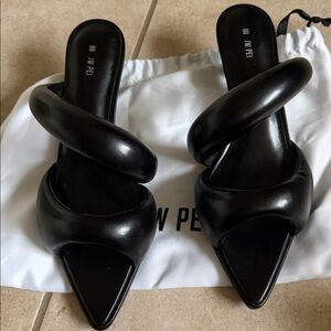 JW PEI Black Puffy Strap Pointed-Toe Mule Slides